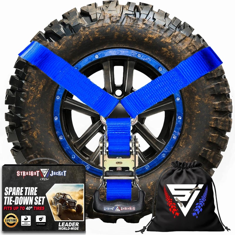 Straight Jacket Crew Y Strap for Spare Tire - Heavy Duty Spare Tire Strap for UTV, Offroad Accessories & Roof Rack, 3 Way Ratchet Strap Tie Down- 1.6" Wide, Can Secure Up to 40" Tire by (Blue) - Image 1